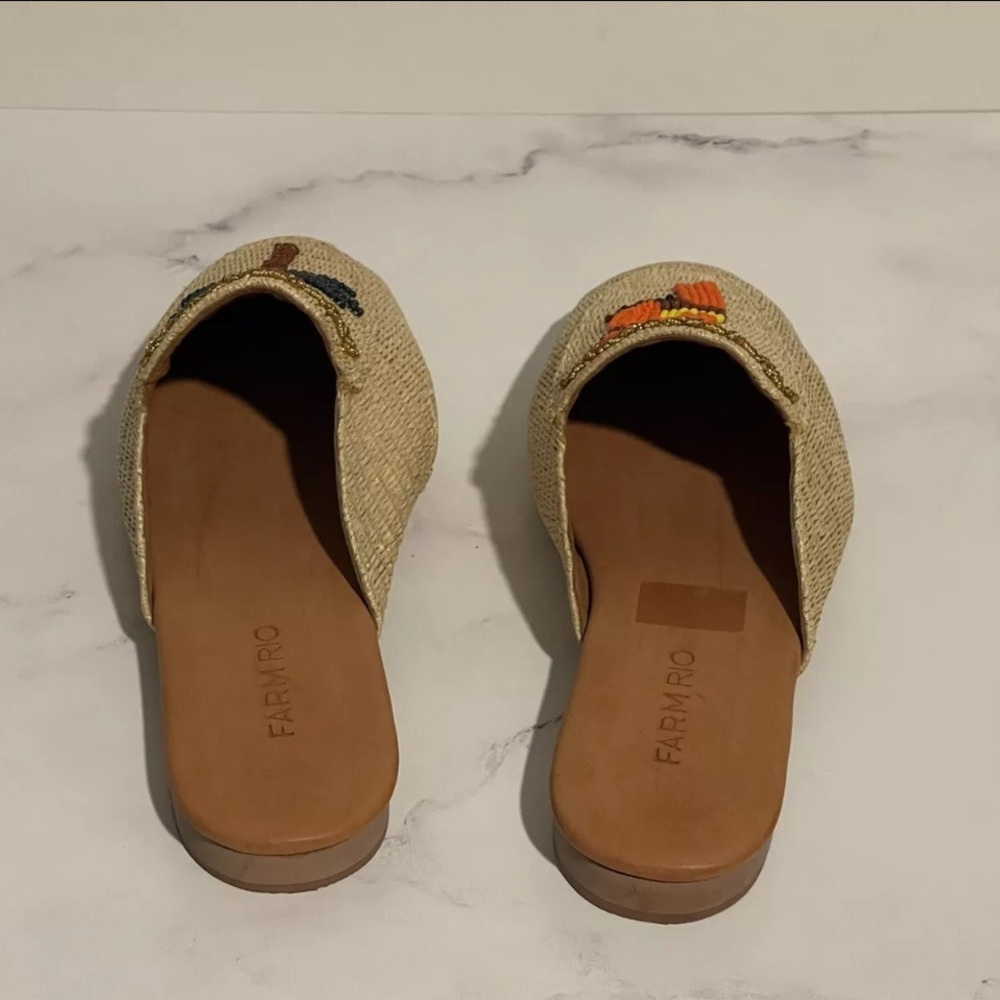 Farm Rio MACAW Womens 7 Tropical Raffia Mules Straw Embroidered Flats Shoes - Picture 10 of 16